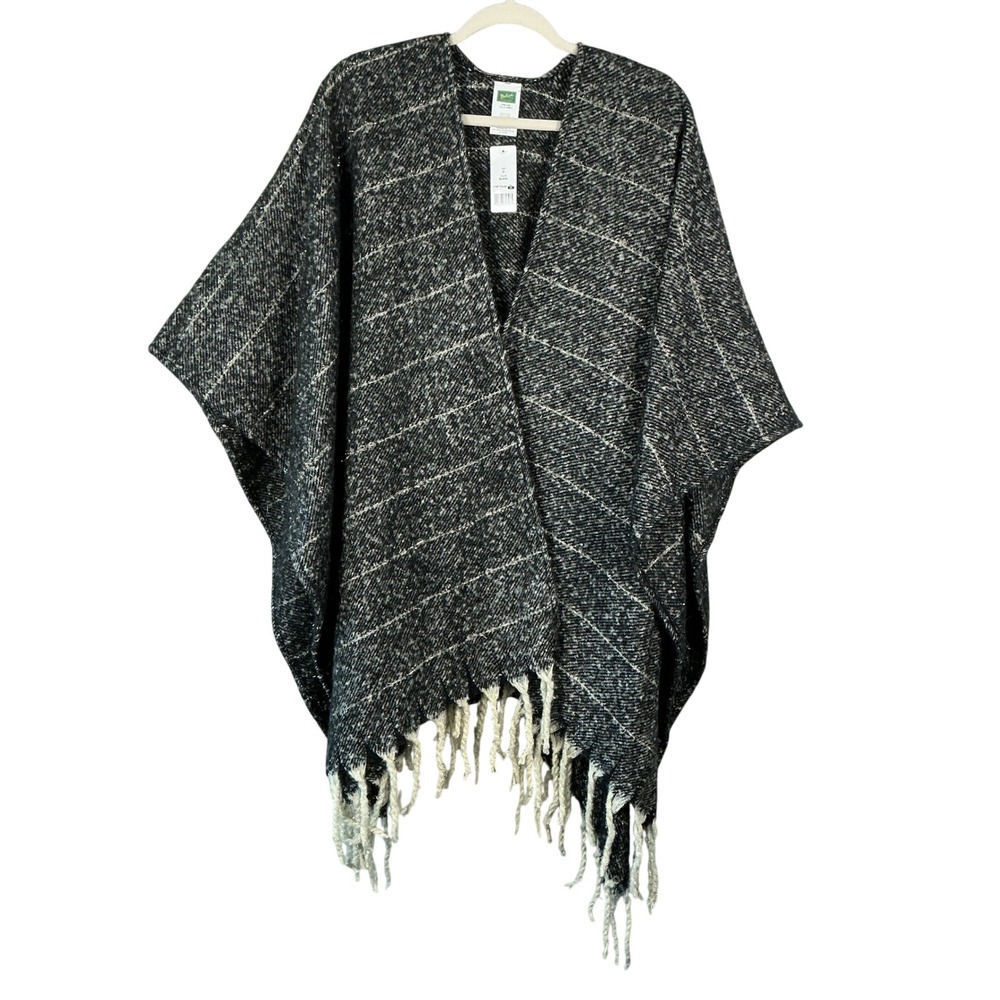 Woolrich Green Label Black White Striped Metallic Fringe Poncho WR010725 OS NWT